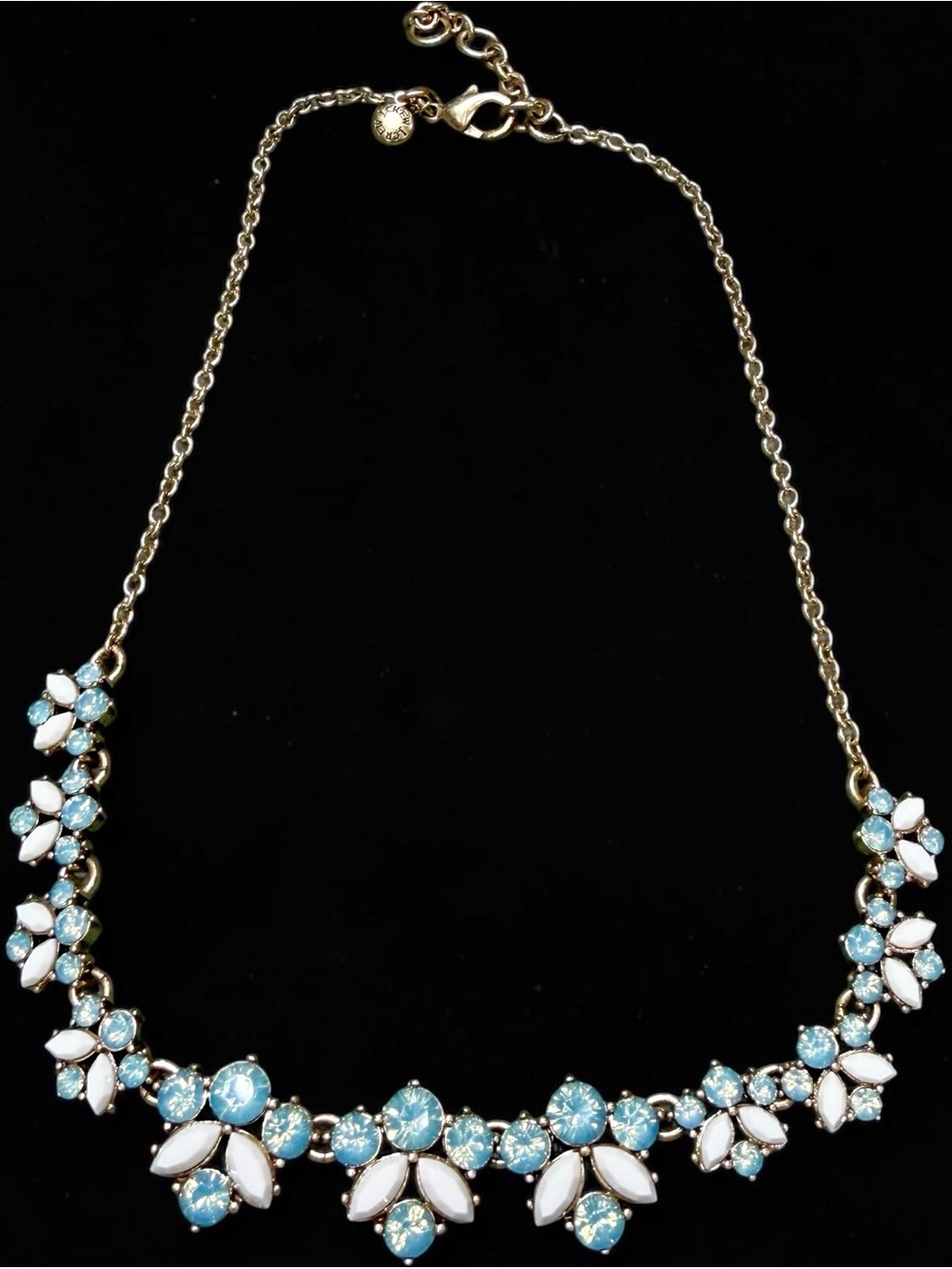 J. Crew Aqua Blue Opalescent White Floral Rhinestone Statement Necklace Gold